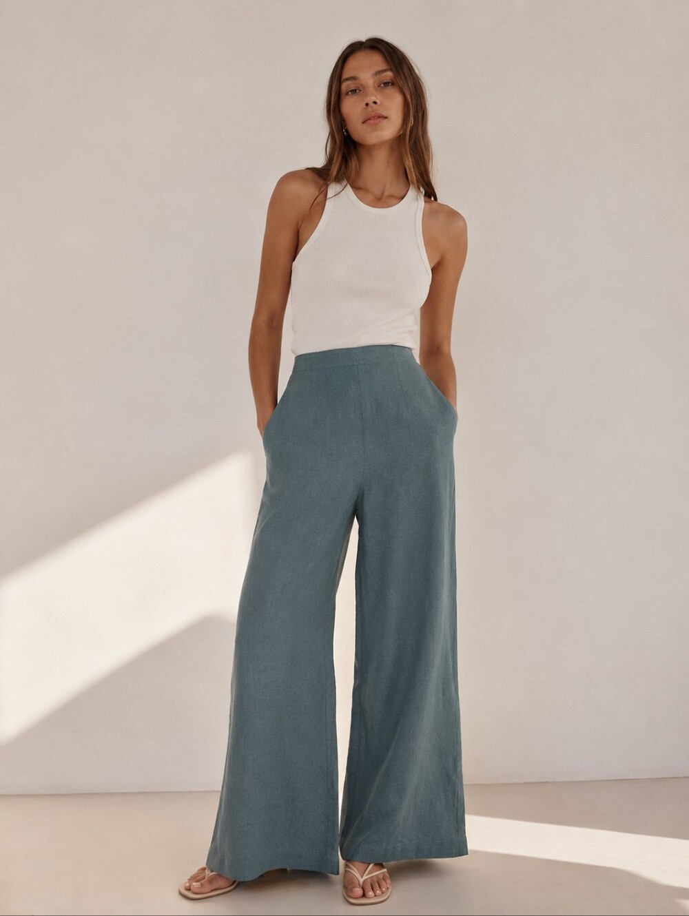 RUMER Women Loulou Linen Wide Leg Palazzo Pants Sage Green NWT M
